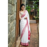 Pure Silk Chiffon Saree in White with Silver Tone Zari Buttas & Red Border | SILK MARK CERTIFIED