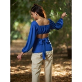 Sassafras Women's Solid Royal Blue Front Ruched Peplum Top-M