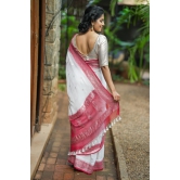 Pure Silk Chiffon Saree in White with Silver Tone Zari Buttas & Red Border | SILK MARK CERTIFIED