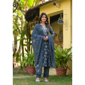 Blue Printed Straight Kurta Set with Bottom Wear and Dupatta-XXL