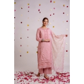 Women's Pink Cotton Kurta Palazzoand Dupatta Set-XL / Pink