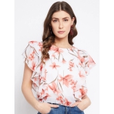 White Floral Printed Georgette Flutter Sleeves Top