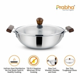 Prabha Stainless Steel Tri-Ply Prochef Kadhai with Lid Wooden Handle, 22cm 2.2L, Induction & Gas Stove, Durable for Long Term and Non Toxic Kadhai Base Heat Dispersion, 5 Year Warranty