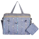 Laptop Bag In Blue Linen Cotton With Handwork