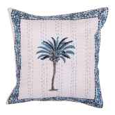 Hand Block Print Palm Tree Decorative Stitch Cotton Cushion Cover Size- 16x16