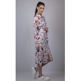 Cotton long shirt style dress for women dresses party wear collor neck Off White Floral Print Flared Long Dress with  Belt (OTLDRS1001)-White / XL