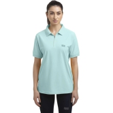 Women Solid Zip Neck Polyester Light Blue T-Shirt