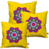 Indigifts Diwali Decoration Items Floral Mandala Print Yellow Cushion Cover 12x12 with Filler Set of 3 - Diwali Gift Items, Dipawali Gift Items, Deepawali Greetings, Deepavali Decoration