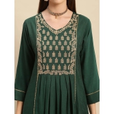 Rangita Women Viscose Blend Green Yoke Embroidered Calf Length Partywear Flared Kurti - None