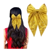 Lykaa Large Satin Hair Bow with Pearls Longtail Clips Hair Accessories for Women -1 Pcs (Multicolor) - Mustard