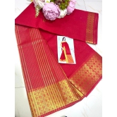 Cotton Saree Gold Border Red Color