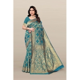 Om Shantam Sarees Banarasi Silk Embellished Saree With Blouse Piece - Turquoise ( Pack of 1 ) - Turquoise