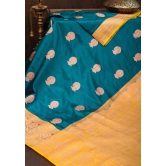 Banarasi Katan Silk Saree in Peacock Blue & Yellow with Damask Motifs | SILK MARK CERTIFIED