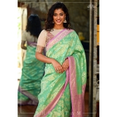 Exquisite Tussar Georgette Silk Saree in Sea Green and Lilac with Silver Paisley Jaal | SILK MARK CERTIFIED