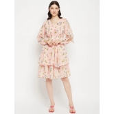 Floral Printed Puff Sleeves Fringed Layered Fit & Flare Dress