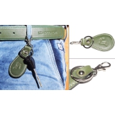 Leaderachi Genuine Greenish Full Grain Leather RFID Blocking Bi fold Wallet & Leather Waist Belt with Designer Leather Key Ring & Metallic Black Pen (WPKB-25GR)