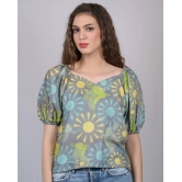 Women's Olive Green Floral Print V-Neck Top (OTL-TPS1036)-Green / XS