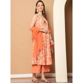 Printed orange flared kurta pallazos dupatta set-S / Orange