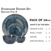 Handcrafted Stoneware Reactive Glaze Ceramic Dinner Set, 14 Pieces Serving for 4, Microwave and Dishwasher Safe, Bone-ash Free, Crockery Set for Dining and Gifting, Reactive Blue