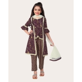 Girls Floral Print Kurta Set with Dupatta-Brown / 11 - 12 Years