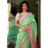 Exquisite Tussar Georgette Silk Saree in Sea Green and Lilac with Silver Paisley Jaal | SILK MARK CERTIFIED