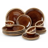 Reactive Handcrafted Premium Ceramic Dinner Set | 6 Dinner Plates, 6 Quarter Plates, and 6 Small Dinner Bowl | Stoneware | Microwave and Dishwasher Safe | Pack of 18 | Peanut Brown