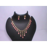 Delicate Pink Beaded Necklace and Earring Set with Rhinestone Accents