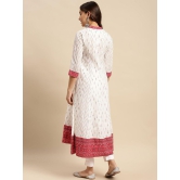 Rangita Women 100% Cotton Off White Contrast Placket Ikat Printed Calf Length Anarkali Kurti - None