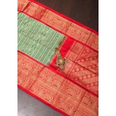 Ikkat Kanjivaram Fusion Silk Saree in Green & Red with Wide Zari Border | SILK MARK CERTIFIED