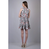 Grey Floral Print Fit and Flare Dress (OTL-DRS1001)-Grey / S