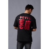 Chinese Devil in Red Foil Print Black Oversized T-Shirt for Men XXL