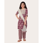 Kid Girls Embroidered Cotton Printed Full stitched Nayara Cut Kurtis with Bottom Dupatta set-Purple / 8 - 9 Years