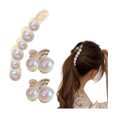 LYKAA Pearl Korean Banana Hair Clip with Two Pearl Clutchers, Ponytail Holder Fancy Clips - 3 Pcs - White