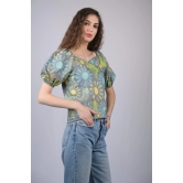 Women's Olive Green Floral Print V-Neck Top (OTL-TPS1036)-Green / L