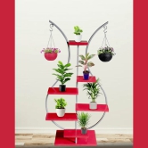 Decorative Iron 6 Tier Flower Pot Holder Shelf Indoor & Outdoor Metal Plant Stand Space Saving Garden Planter for Multiple Pots-Red & White