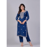 Doriya Cotton Blend Embroidered Kurti With Pants Women''s Stitched Salwar Suit - Blue ( Pack of 1 ) - None