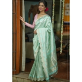 Unique Scalloped Borders Pure Brocade Banarasi Katan Silk Saree in Pastel Sea Green | SILK MARK CERTIFIED