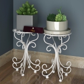 Wooden Twist Metal Plant Stand Patio Indoor Outdoor Wrought Iron/Flowers Planter Shelf (1 Tier White)-Set of 2