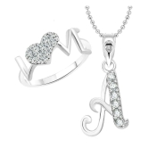 Vighnaharta Love Ring with Initial A Alphabet Pendant Rhodium Plated Jewellery Combo set - 8