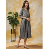 Rangita Women Grey Rayon Printed Empire Dress Calf Length Ethnic Dress with Belt - None