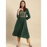 Rangita Women Viscose Blend Green Yoke Embroidered Calf Length Partywear Flared Kurti - None