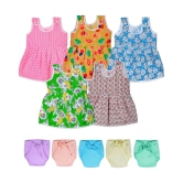 Sathiyas Cotton Multicolor Pack of 5 Baby Girl Frocks With Nappies - 0-6 Months