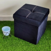 Solid Velvet Foldable Storage Box Cum Stool-Black