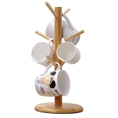 CONNECTWIDE Bamboo Mug Tree Rack Stand with 6 Storage Hooks, Hold and Dry Large Coffee Mugs or Cups