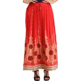 Lollipop-Red Embellished Long Skirt with Golden Print and Embroidered Patch Border