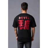 Chinese Devil in Red Foil Print Black Oversized T-Shirt for Men XXL