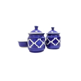 Khurja Pottery Jar + Tray Blue Clr Geometric Shape 2+1