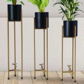 Planter Stand, 3 pcs Modern Planters for Indoor Plants,  Set with Foldable Stand(Pack of 3)-Golden & Black