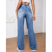 High Waist Knee Cut Jeans - Medium Blue-34