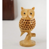 Handmade Brown Wooden Jalidar Owl Good Luck Sign Wooden Owl Sitting Tree Branch size 5 inch approx
